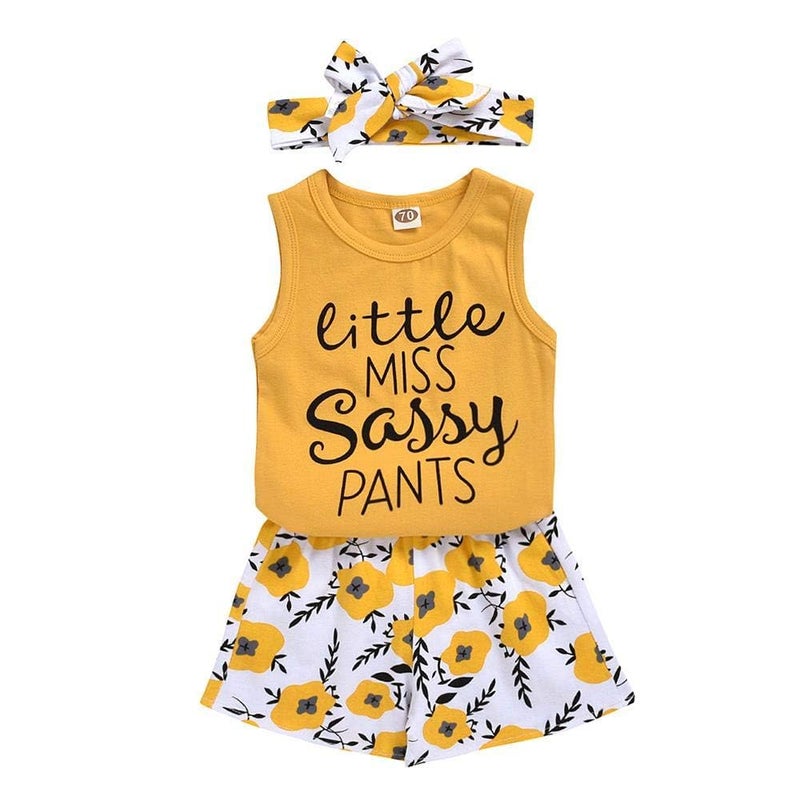 Hipea Toddler Baby Girl Outfits Flower Tops Sleeveless Vest Shorts Headband Summer Clothes Set(3-4T) - Image 1